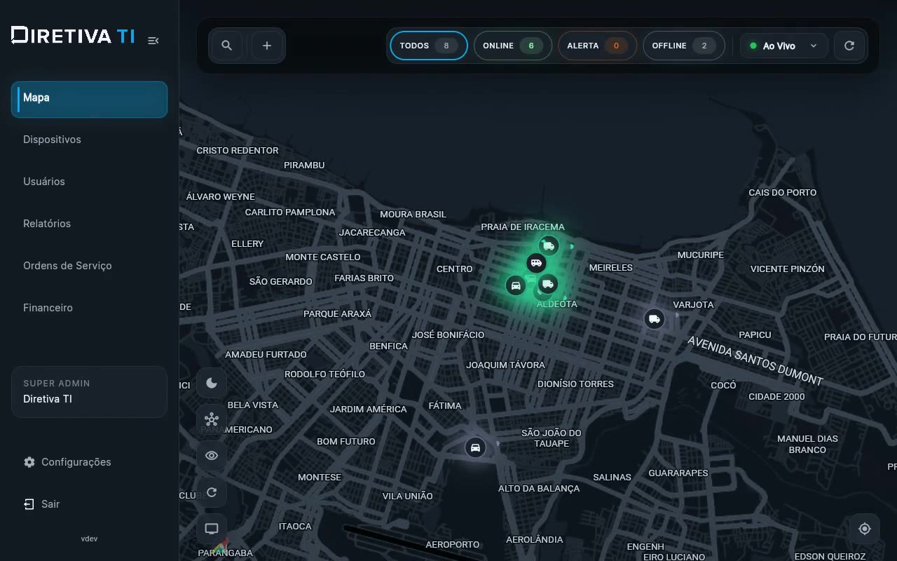 Tela real da plataforma Diretiva com veículos e seus status no mapa escuro